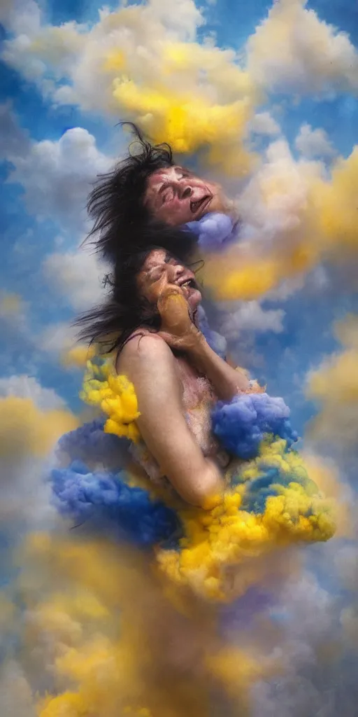 Image similar to woman crying covered in yellow and blue clouds, by kim keever