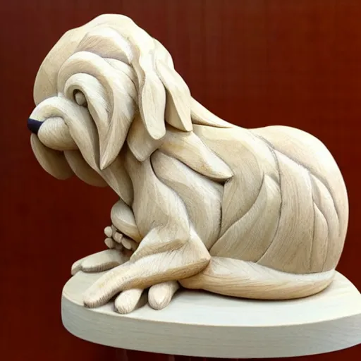 Prompt: wooden sculpture of a white cockapoo curled up sleeping, polished maple, thoughtful, elegant, real