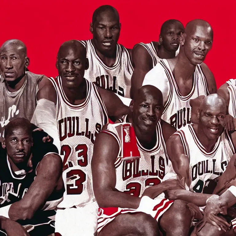 Image similar to Michael Jordan on a couch surrounded by 5 other Michael Jordan\'s, 4k hd, sharp, backlit, gorgeous lighting