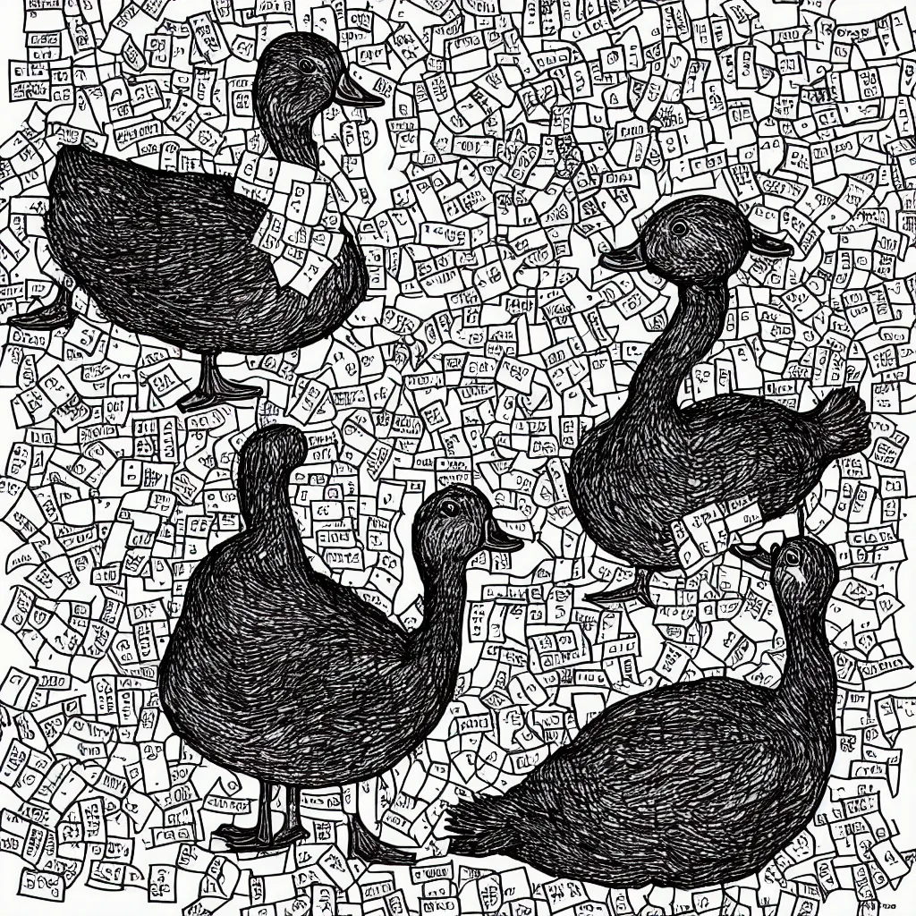 Image similar to A duck doing a crossword puzzle in the style of a New Yorker cartoon.