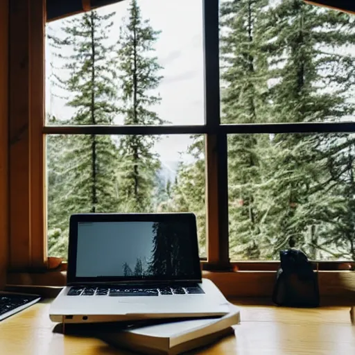 Image similar to A laptop on a work desk inside a cozy wooden cabin with a window overlooking a nice lakeside view with bright sunshine outside