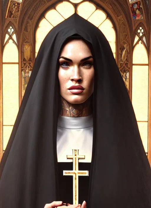Image similar to portrait of megan fox as a nun, catholic, church, bible, christian, intricate, headshot, highly detailed, digital painting, artstation, concept art, sharp focus, cinematic lighting, illustration, art by artgerm and greg rutkowski, alphonse mucha, cgsociety