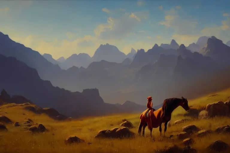 Prompt: scenic western mountain landscape with wild horses and a woman in a long white traditional dress, albert aublet, oil on canvas, beautifully lit, artstation