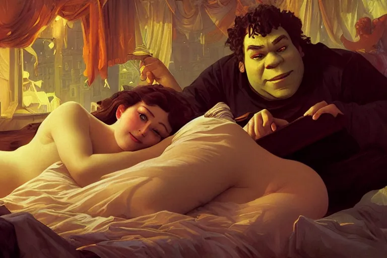 Image similar to russian poet alexander pushkin and shrek lying in bed together, portrait, highly detailed, digital painting, artstation, concept art, smooth, sharp focus, illustration, cinematic lighting, art by artgerm and greg rutkowski and alphonse mucha