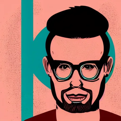 Prompt: a portrait of tattooed a handsome man wearing glasses, in retro colors, synthwave style, 2 d digital vector art