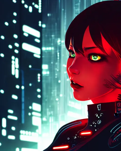 Image similar to a detailed potrait of a cyberpunk cyborg girl with black and red parts, perfect face, realistic shaded perfect face, detailed. night setting. very anime style. realistic shaded lighting poster by ilya kuvshinov katsuhiro, unreal engine, global illumination, radiant light, detailed and intricate environment