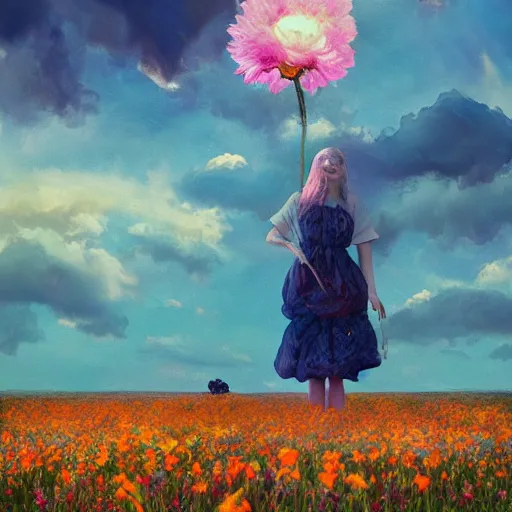 Image similar to woman with blooming flower face, standing in flower field, surreal photography, sunrise, impressionist painting, colorful clouds, artstation, dali, simon stalenhag