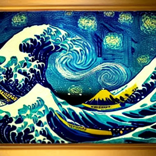 Prompt: the great wave of kanagawa with van gogh sky