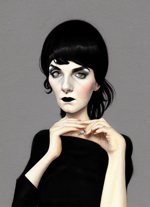 Image similar to portrait of an awkward woman with a crooked nose and a confident expression, 1 9 6 0 s, black clothes, goth, punk, funk, intricate, elegant, highly detailed, digital painting, artstation, concept art, smooth, sharp focus, illustration, art by wlop, mars ravelo and greg rutkowski