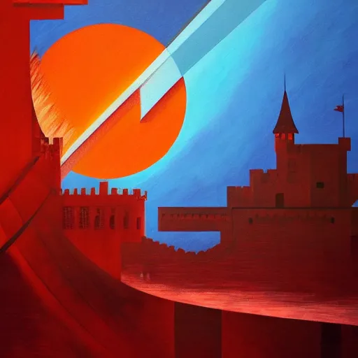 Image similar to a painting of a dreadful red sun over a castle with a waterfall in front of it. digital painting, vertical, intricate, beautiful, detailed, grunge, sharp focus, abstract art by el lissitzky and artgerm and kandinsky and kuvshinov, trending on artstation. gradient darker to bottom