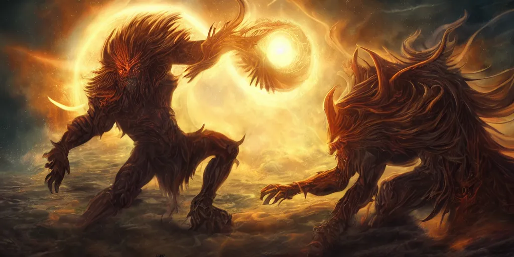 Prompt: cosmic guardian fighting a demonic beast, fantasy apocalypse, digital art, 4 k