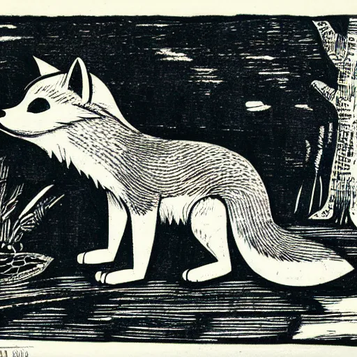 Prompt: anthropomorphic fox doing fieldwork, woodcut