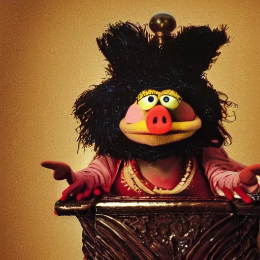 Prompt: isolated photo realistic of muppets pig king on throne portrait of the by Caravaggio, realistic, award winning, cinematic