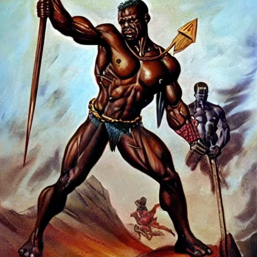 Prompt: a muscular warrior from sub - saharan africa, holding a spear and fighting a monster of cosmic horror. frank frazetta, earl norem, bob larkin.