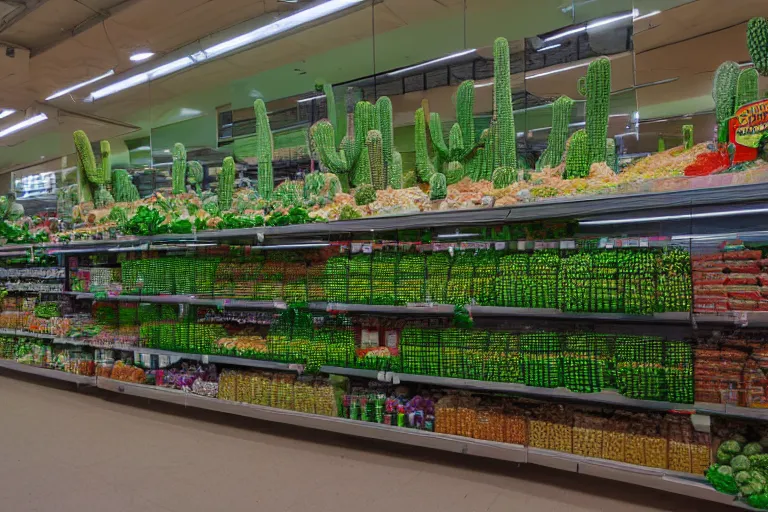 Prompt: 2001 y2k grocery store made of cactus, cactai repeats endlessly 85mm f/11 interior photography two point perspective,