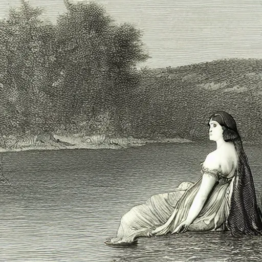 Image similar to a beautiful woman at a lake, illustration by Gustav Doré