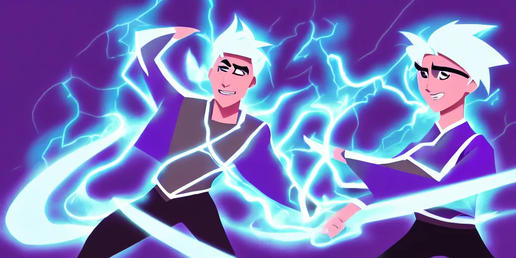 Prompt: a mage that has the face of danny phantom he is at his desk working on a new spell that is casting out flowing energy, colorful, flowing energy, light rays, consistent face, medium shot, waist up, pixar and disney animation, sharp, concept art, highly detailed, bloom, dramatic lighting, cinematic