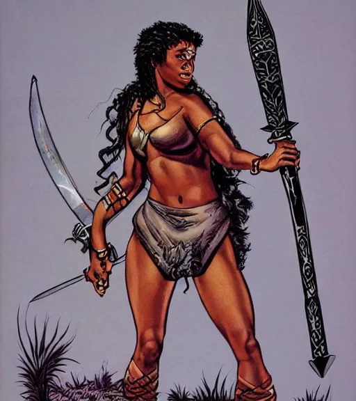 Image similar to 1 9 8 0 s fantasy novel book cover, amazonian la'tecia thomas in extremely tight bikini armor wielding a cartoonishly large sword, exaggerated body features, dark and smoky background, low quality print