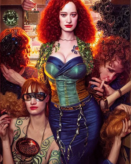 Image similar to sophisticated portrait of christina hendricks brie larson kat dennings, 1 9 8 0 s flower power hippy, very smoky cyberpunk paris bar, elegance, highly detailed, shallow depth of field, artstation, artgerm, donato giancola and joseph christian leyendecker