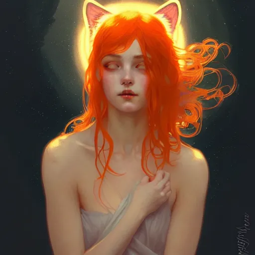 Image similar to Portrait of a girl angel with orange scruffy hair, cat ears, glowing halo, wings, biting her lip, fantasy, intricate, elegant, highly detailed, digital painting, artstation, concept art, smooth, sharp focus, illustration, art by Krenz Cushart and Artem Demura and alphonse mucha