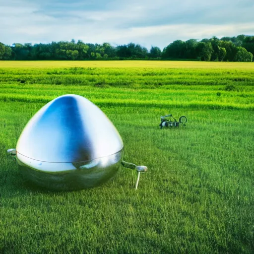 Prompt: a realistic silver ufo landed on a green field by the side of a country road, early morning, green hills, fences, blue sky, matte painting, 8 k