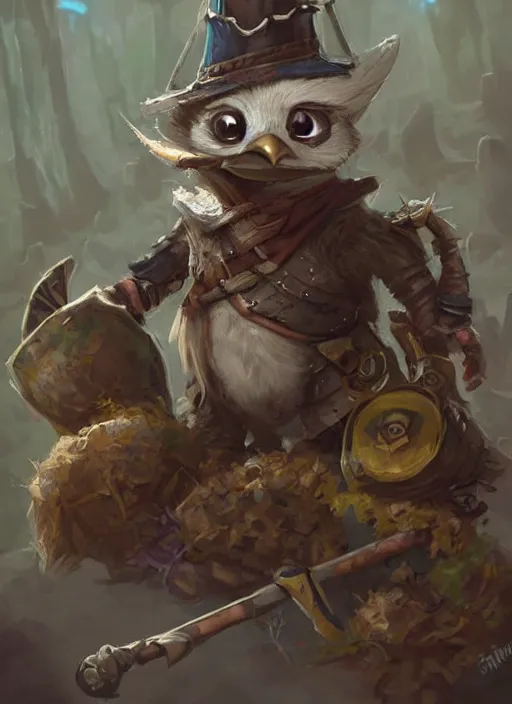 Prompt: cute little anthropomorphic rockfowl bandit wearing swamp patch, tiny, small, miniature animal, baby animal, short, pale black armor, cute and adorable, pretty, beautiful, DnD character art portrait, matte fantasy painting, DeviantArt Artstation, by Jason Felix by Steve Argyle by Tyler Jacobson by Peter Mohrbacher, cinematic lighting