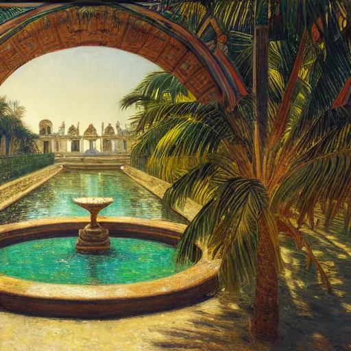 Image similar to a ultradetailed beautiful painting of a old fountain in the amazonas palace balustrade designed by jules bastien - lepage, tarsila do amaral, frank weston and gustave baumann, beach, trending on artstation, mediterranean, palm trees, sharp focus, soft light, 8 k 4 k