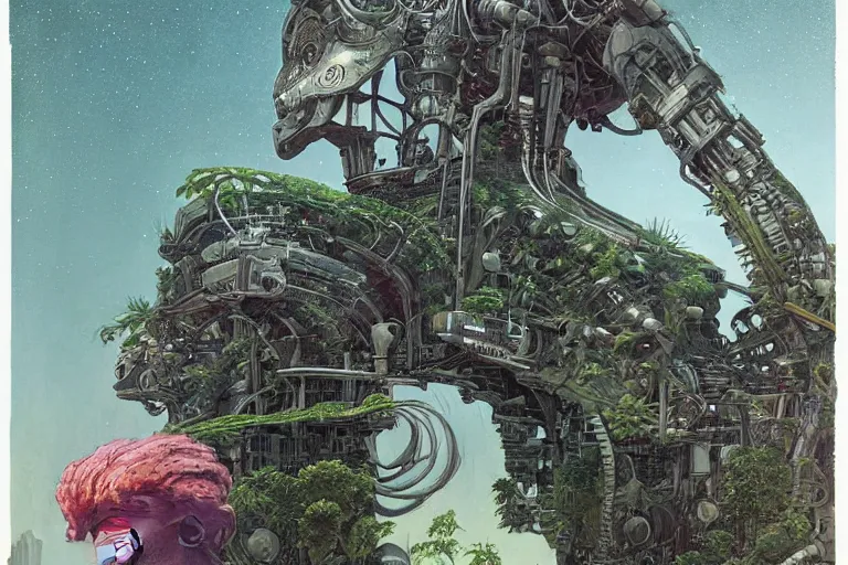 Image similar to gigantic robot - girl head floating in the space, a lot of exotic plants, trees, flowers, oldschool vintage sci - fi flat surreal grainy design, super - detailed, painting by enki bilal and moebius, hd, 4 k, high quality