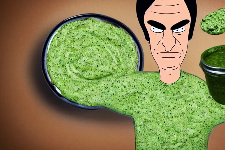 Image similar to jimmy pesto from bob's burgers, face is made of pesto, 8 k, photography, hd