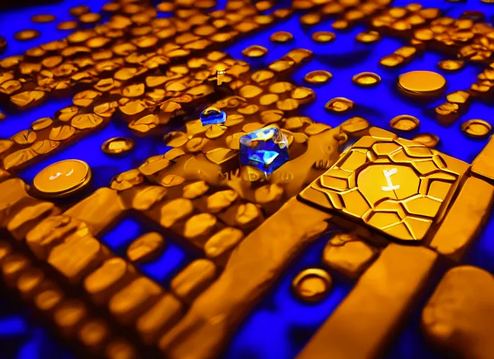 Prompt: flat square magic golden computer chip with runes and a glowing blue crystal in the center, mana flowing around it, flat and dark background, product photo, macro, dynamic composition, hyperrealism, octane render, trending on artstation, unreal engine 5, 4 k, 8 k