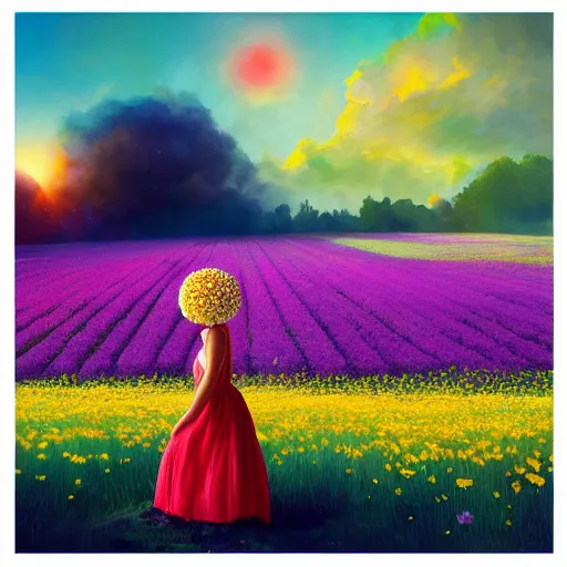 Image similar to giant daisy flower as head, girl dancing in a flower field, surreal photography, sunrise, dramatic light, impressionist painting, colorful clouds, digital painting, artstation, simon stalenhag