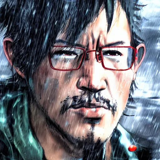 Image similar to portrait of Markiplier raging in the rain, Yoji Shinkawa