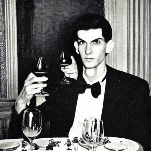 Prompt: a tall, pale man dressed in black and red formal clothing, with shoulder blade length black hair and a clean shaven face. the man s holding a glass of red wine and sitting at an ornate dinner table. candlelit, ominous, photo.