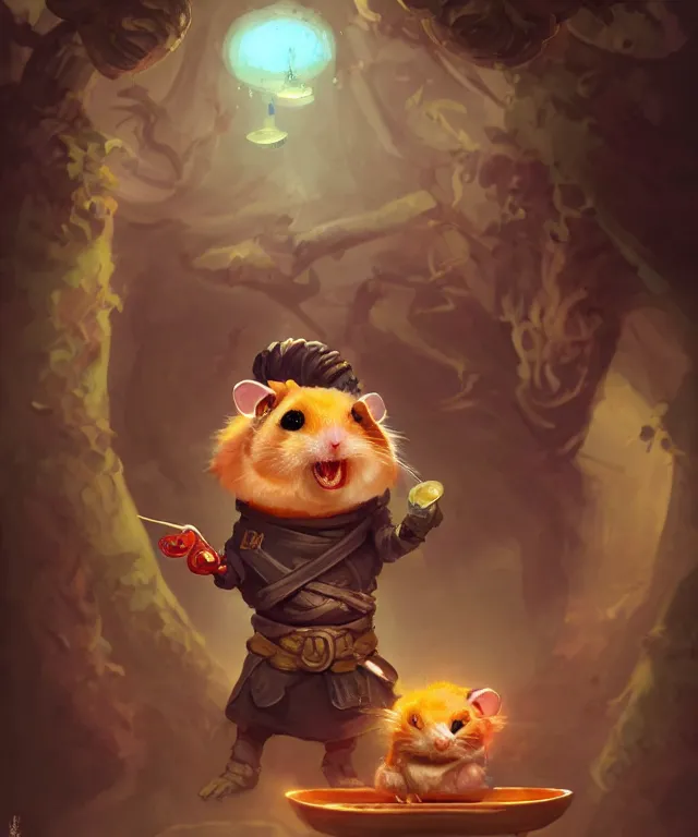 Image similar to anthropomorphic hamster ninja eating sushi, ninja outfit, standing in a buddhist temple, cute and adorable, dnd character art portrait, matte fantasy painting, deviantart artstation, by jason felix by steve argyle by tyler jacobson by peter mohrbacher, cinematic lighting