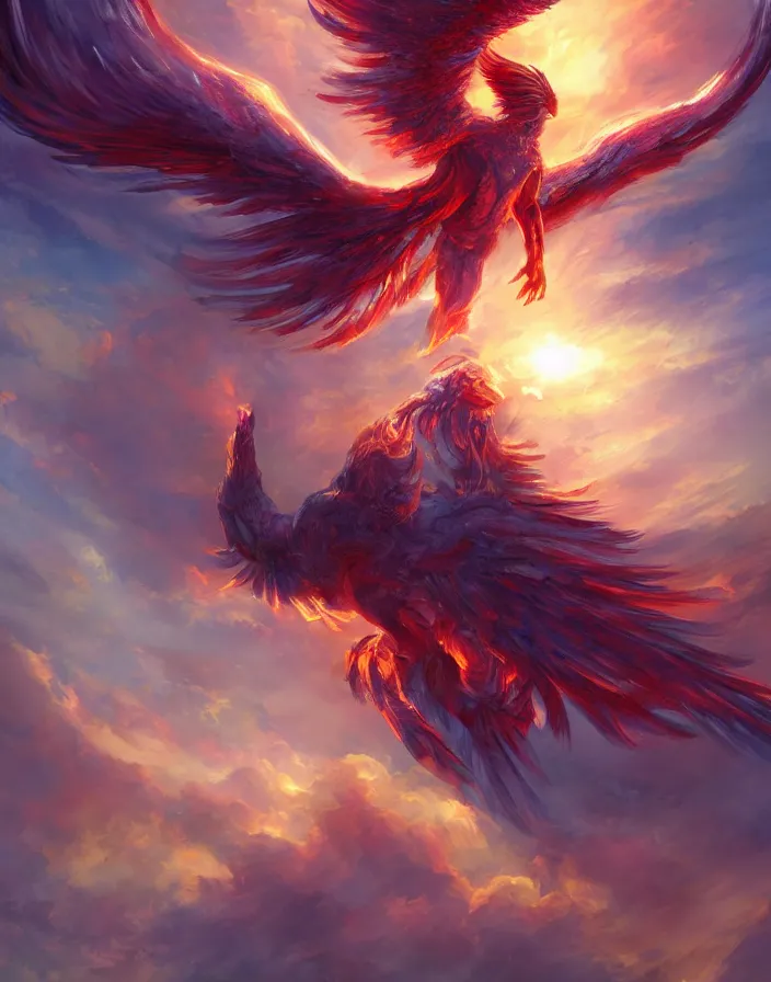 Prompt: a gigantic phoenix god ascending to heaven, godly, fantasy, light, bright, artstation, digital art,