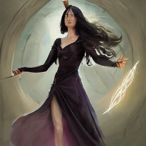 Prompt: action portrait of a young pretty female sorceress pointing a wand at the camera, casting a spell, wearing a flowing dress, arrogant, mysterious, long fine hair, delicate, slightly awkward smile!, realistic face, intricate, stylish, elegant, grimdark fantasy, vibrant, extremely detailed painting by Greg Rutkowski and Steve Henderson and Harumi Hironaka