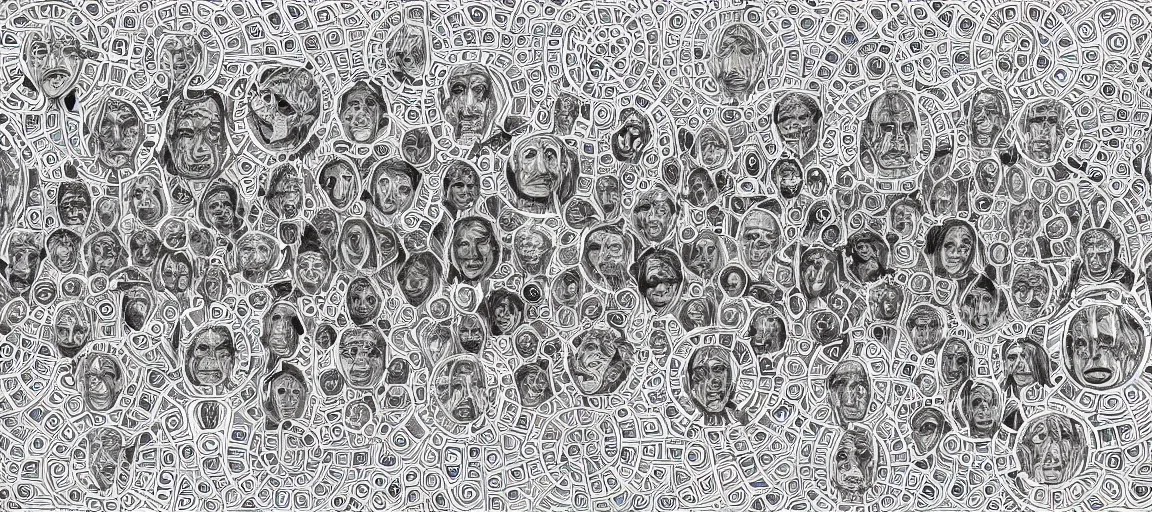 Prompt: symmetry! portrait of multiple humans meeting, humans scientific intelligences, mooc, organic and intricate, elegant, highly detailed, concept art, smooth lines, sharp focus, illustration, shadows, penned with thin coloured pens on white, 8 k