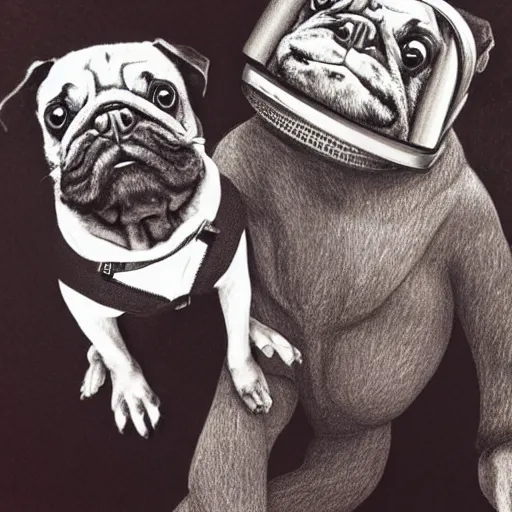 Image similar to self portrait, highly detailed, pencil art, max detail, pug and chimp astronaut posing for a picture.