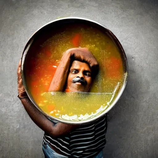 Prompt: indian man drowning in a bowl of soup