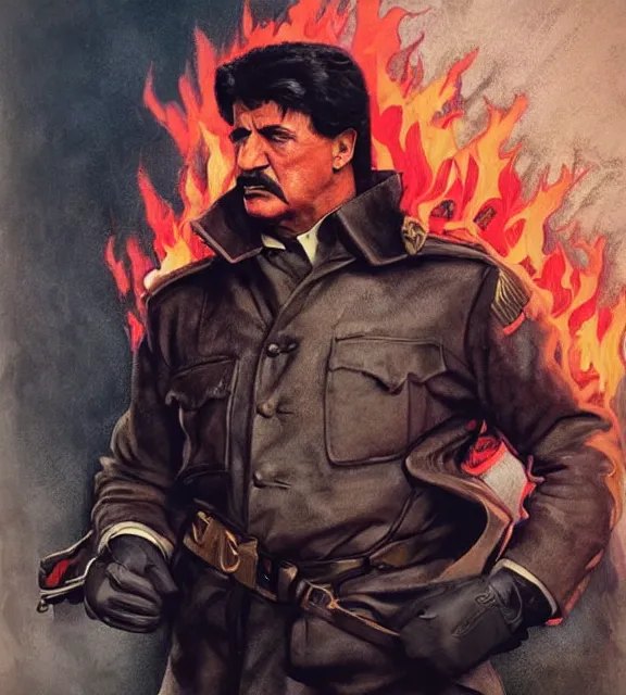 Image similar to sylvester stallone as stalin on fire,, cinematic, by greg rutowski, by greg rutkowski, by stanley artgerm, by alphonse mucha