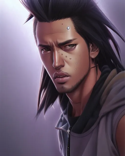 Image similar to well drawn animation portrait Anime skateboarder Stallone Sharp fine face, realistic shaded Perfect face, fine details. Anime. cyberpunk realistic shaded lighting by katsuhiro otomo ghost-in-the-shell, magali villeneuve, artgerm, rutkowski Jeremy Lipkin and Giuseppe Dangelico Pino and Michael Garmash and Rob Rey
