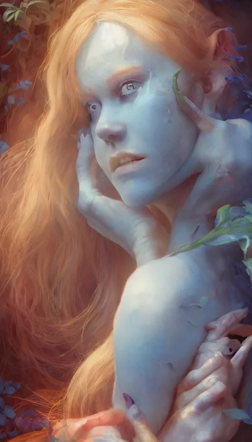 Image similar to epic masterpiece alice in wonderland, sweaty skin, hyperrealistic, octane render, cinematic, beautiful face and flawless skin, perfect hands, 5 fingers, blue, by Edgar Maxence and Ross Tran and Michael Whelan, Legends of Runeterra