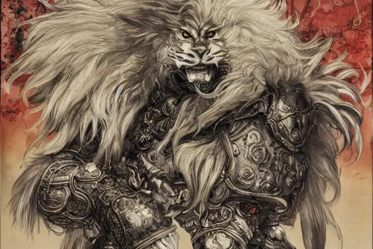 Image similar to 8k Yoshitaka Amano painting of upper body of a young cool looking lion beast-man at a medieval market at windy day. White mane, Depth of field. He is wearing complex fantasy armors. He has huge paws. Renaissance style lighting.