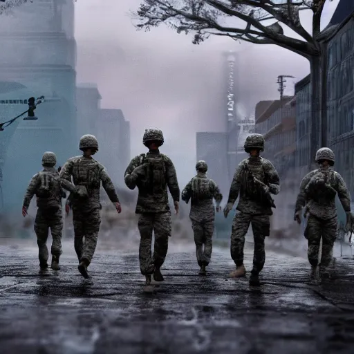 Prompt: squad of us military soldiers walk through ruined city in the rain, digital art, trending on artstation, volumetric lighting, dramatic, 4k