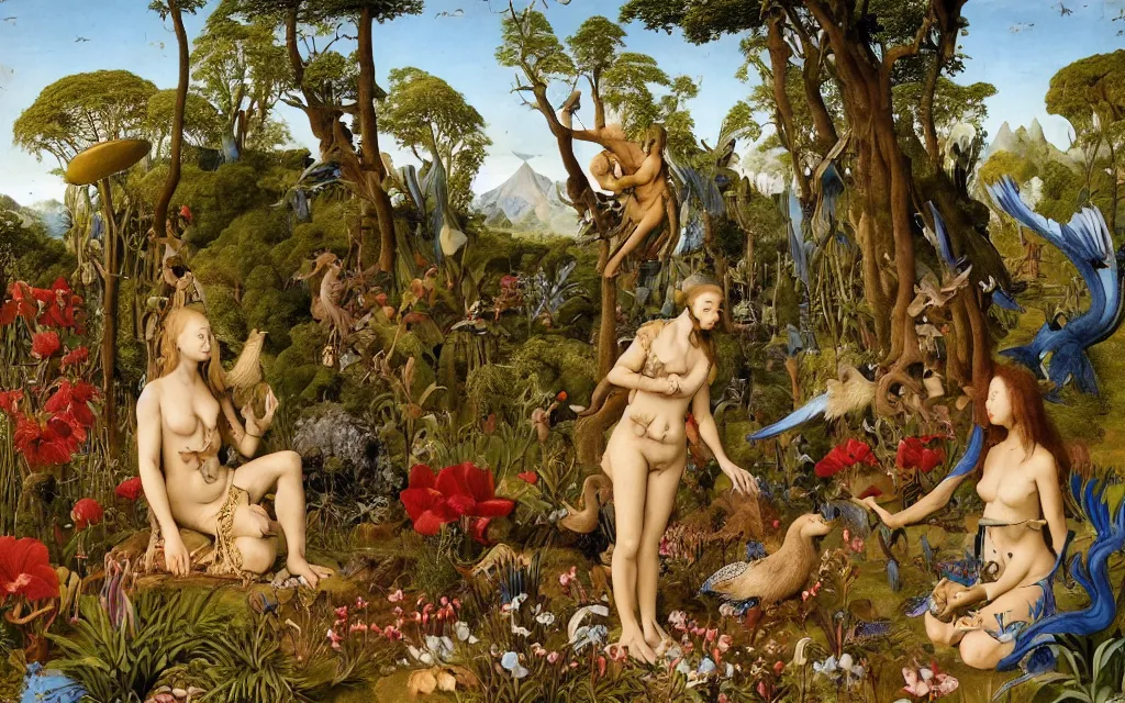 Image similar to a portrait photograph of a meditating harpy and a centaur king feeding tropical animals at a wide river delta. surrounded by bulbous flowers, animals, trees and mushrooms. mountain range under a vast blue sky of burning stars. painted by jan van eyck, max ernst, ernst haeckel and artgerm, cgsociety, artstation, fashion editorial