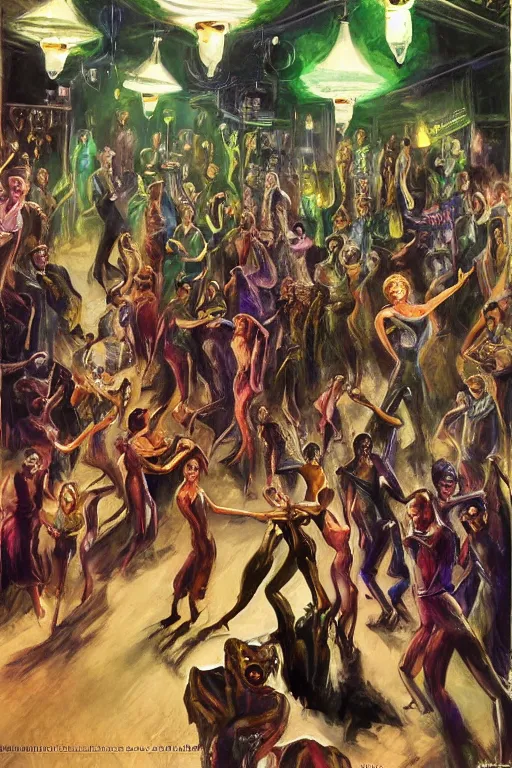 Prompt: Reptilian debutantes from another planet visit a jazz nightclub in Harlem in 1946 and dance with the African-American dancers, an epic painting, volumetric lighting, intricate, elegant, highly detailed, digital painting, artstation, concept art, smooth, sharp focus, art by Mort Kunstler