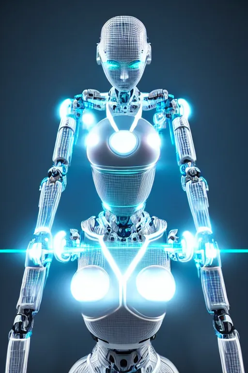 Image similar to a stunning robot woman with cybernetic enhancements, wires, led lights, glowing lights, futuristic, 3 d render