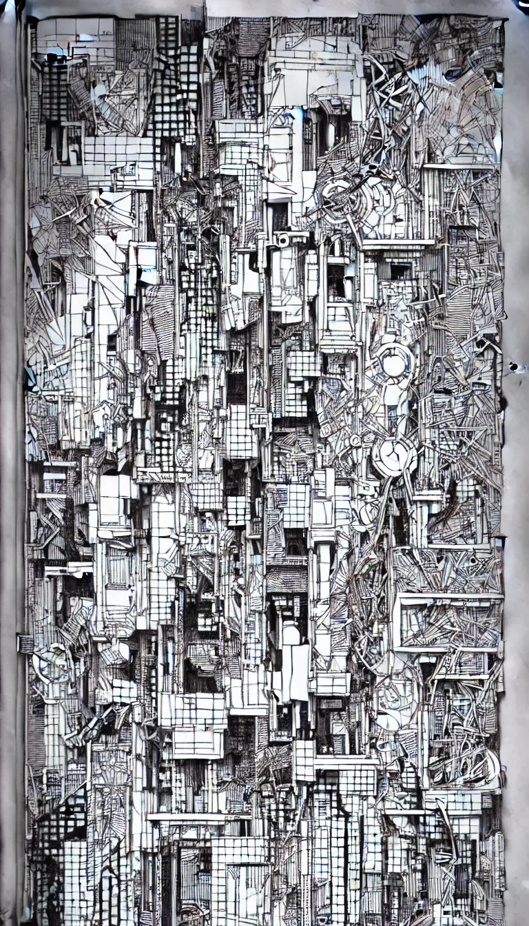 Image similar to a black and white drawing of a building, a detailed mixed media collage by hiroki tsukuda and eduardo paolozzi, intricate linework, sketchbook drawing, street art, polycount, deconstructivism, matte drawing, academic art, constructivism