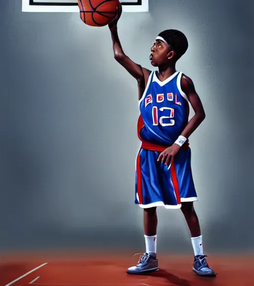 Image similar to portrait of a boy at a basketball court playing basketball wearing a basketball uniform in a basketball court standing near the basketball hoop, painted in 1776, intense emotion, detailed facial expression, detailed surroundings, intricate, elegant, highly detailed, centered, digital painting, artstation, concept art, smooth, sharp focus, illustration, WLOP