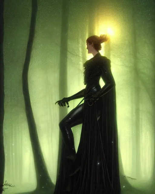 Prompt: nocturne, glowing, stars, a portrait of a female wood ranger, tall and thin, highly detailed, mysterious, ethereal, wearing elegant black leather armor, dark forest, illustration, painting, dramatic lighting, by edmund blair leighton, brom, charlie bowater, faces by otto schmidt